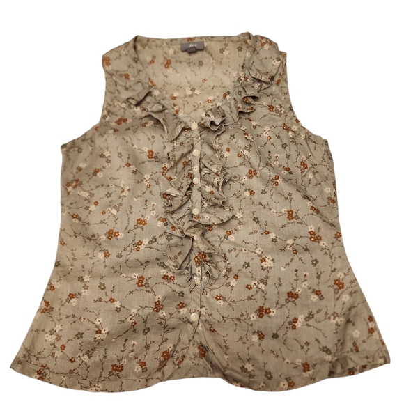 J Jill Floral Ruffle Sleeveless Button Down Blouse in Sage Green - Picture 6 of 13